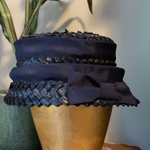 Vintage Dark Blue PILLBOX Straw Hat